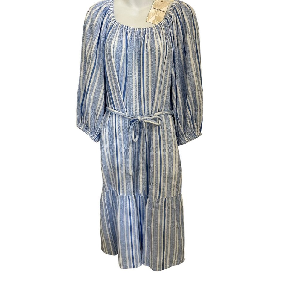 Tommy Bahama Villa Solstice Off-The-Shoulder Blue & White Striped Midi Dress NWT
